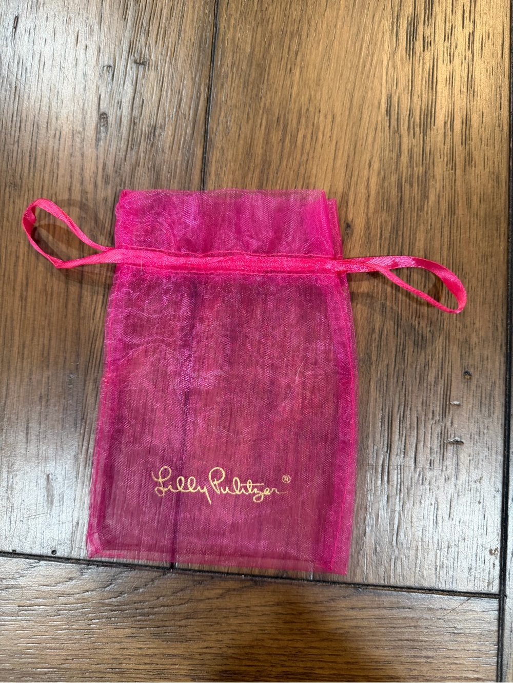 Lilly Pulitzer Hot Pink Organza Drawstring Pouch with Gold Logo